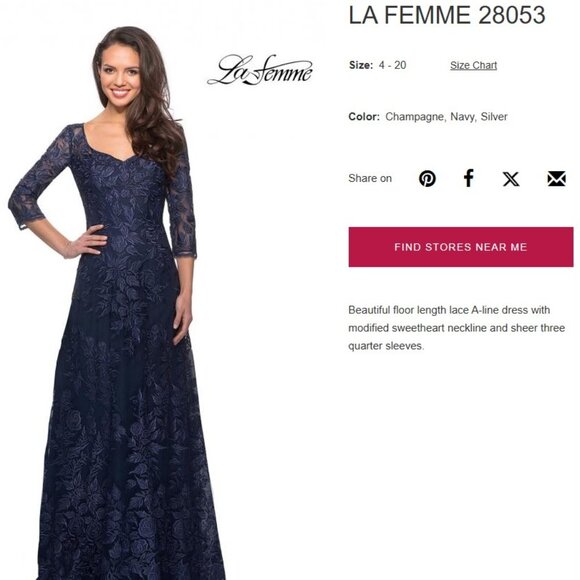 NWT La Femme 28053 Stunning Lace Floral Embroidered A-Line Gown in Navy size 14 - Picture 2 of 9